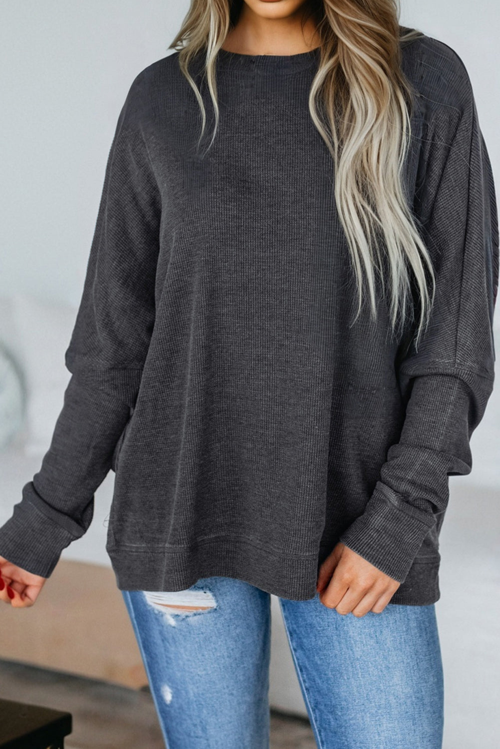 Waffle Textured Long Sleeve Loose Top eAura