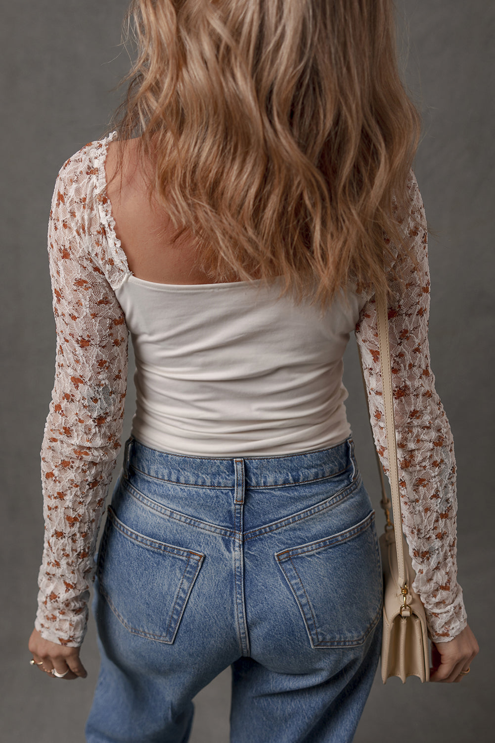 Floral Lace Patchwork Square Neck Long Sleeve Top - eAura