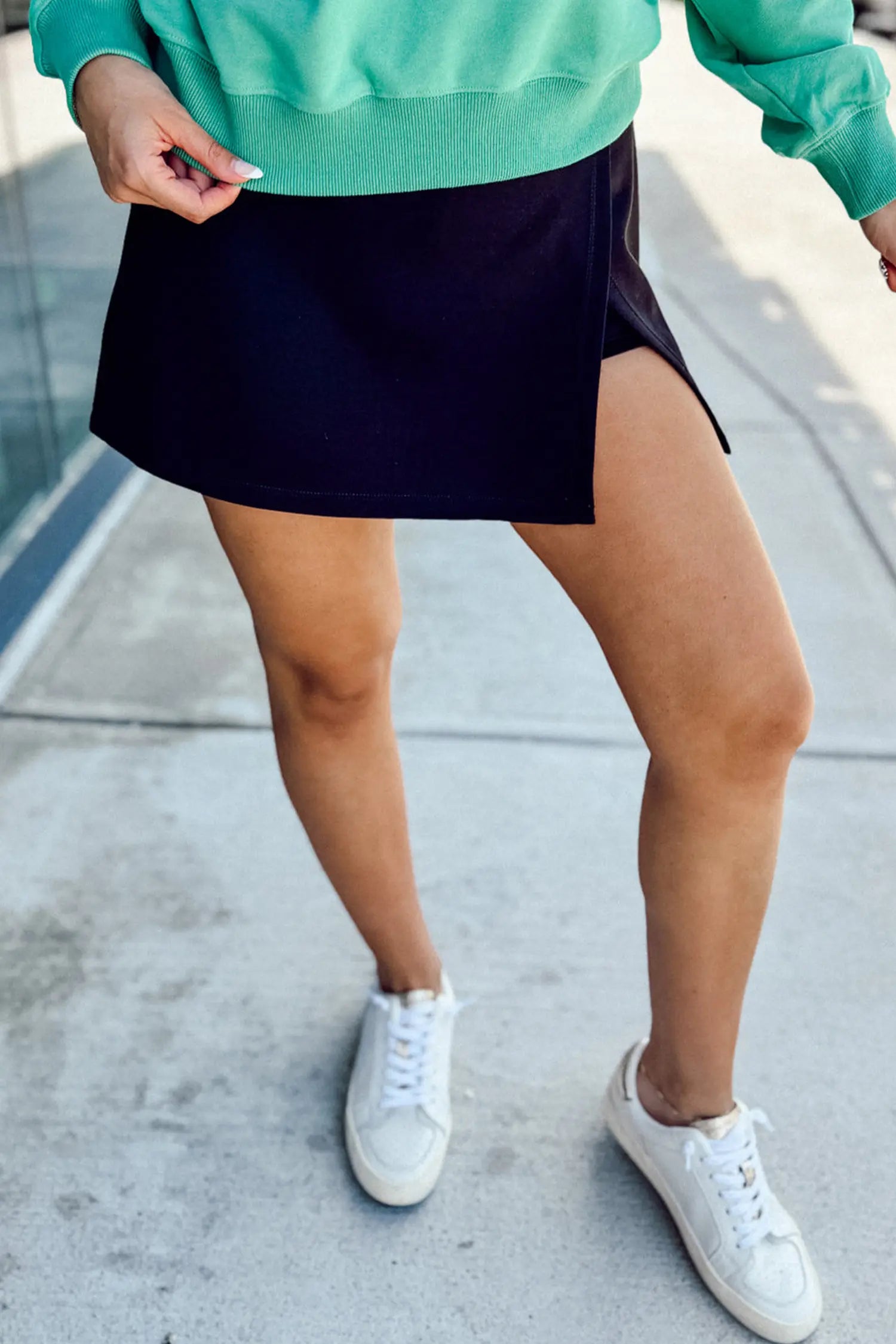 Black Solid Color Wrapped Side Slit Skort