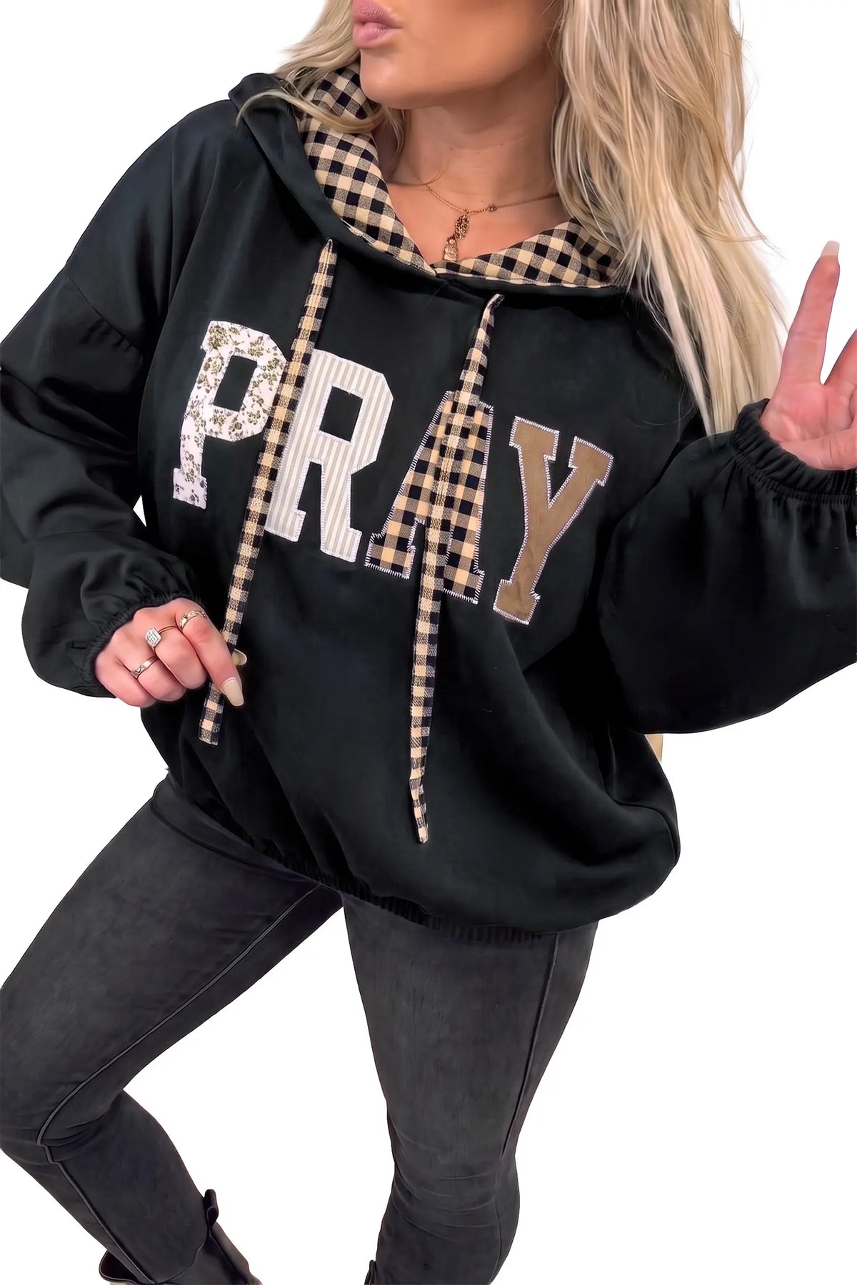 Hoodie with Drawstring and Plaid-Contrast PRAY Graphic