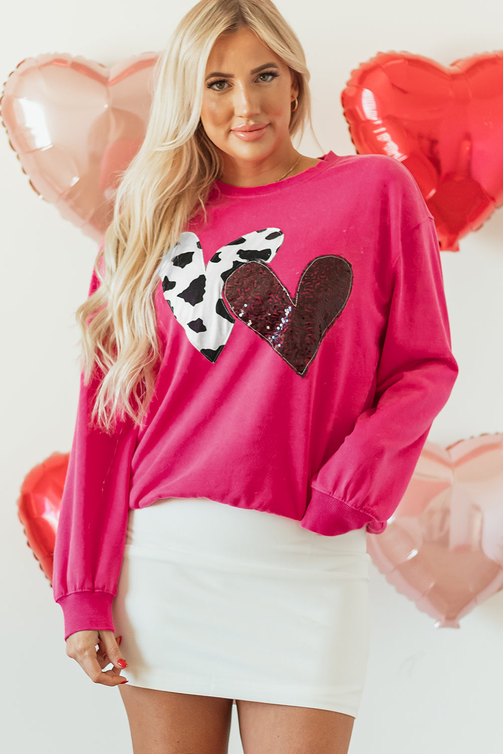Strawberry Pink Cow & Sequin Double Heart Patch Graphic Sweatshirt eAura