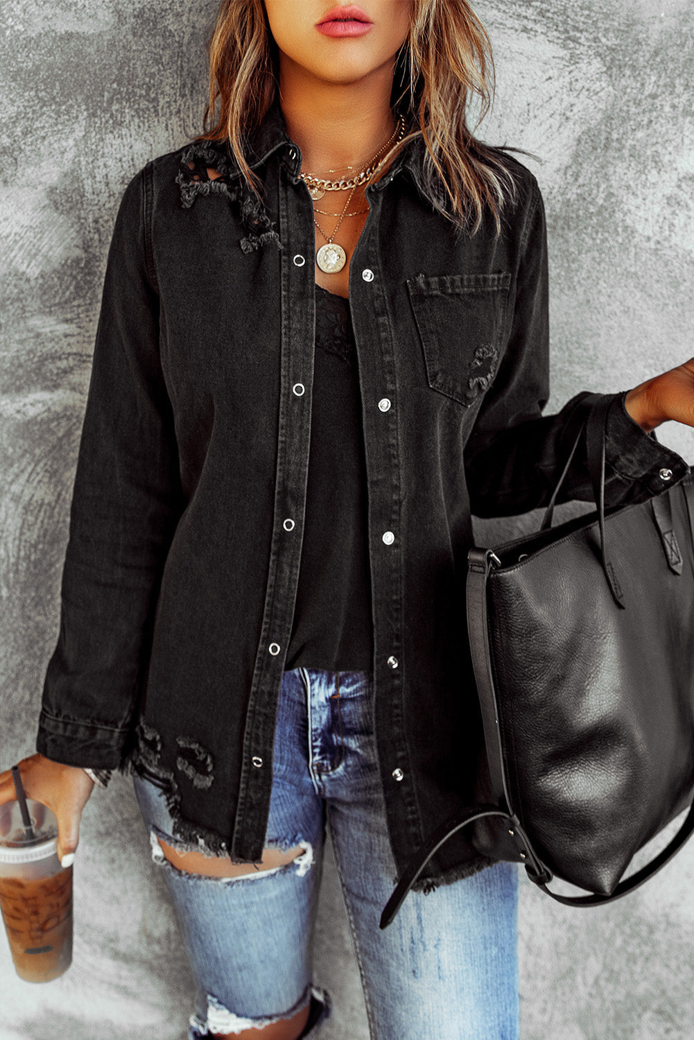 Black Ripped Denim Jacket Beagle Boutique Fashion Outlet