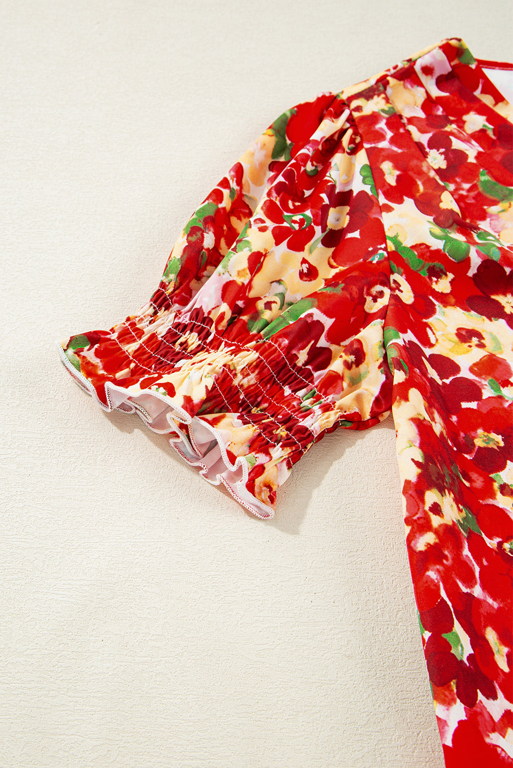Floral Bubble Sleeve Pleated V-Neck Wrap Blouse eAura