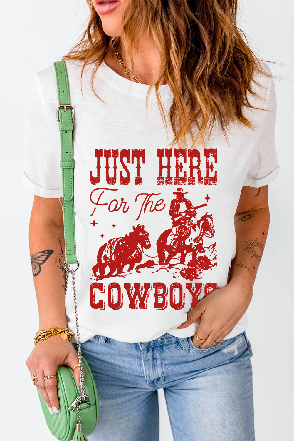 White JUST HERE For THE COWBOY Crew Neck T-Shirt