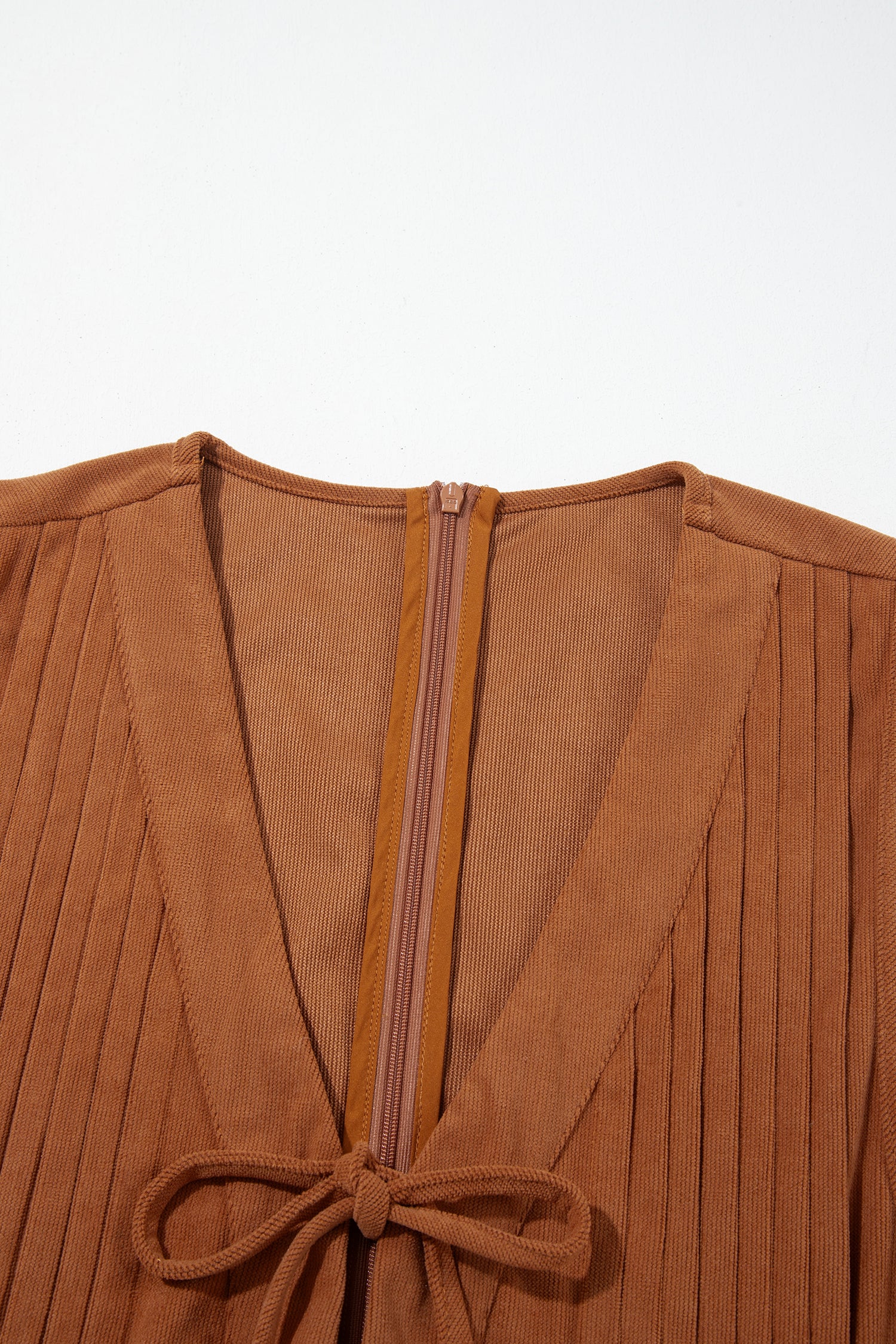 Solid Color Tie V Neck Sleeveless Corduroy Romper – Cinnamon