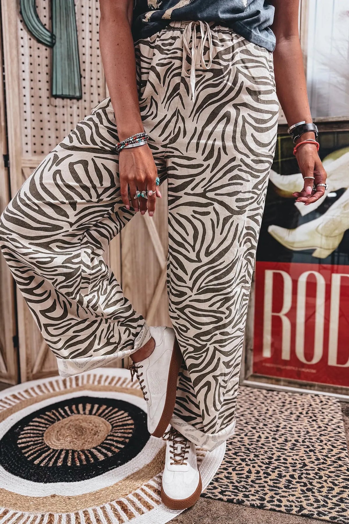 Western Print Zebra Pattern Elastic Waist Pocket Full-Length Pants – Multicolour