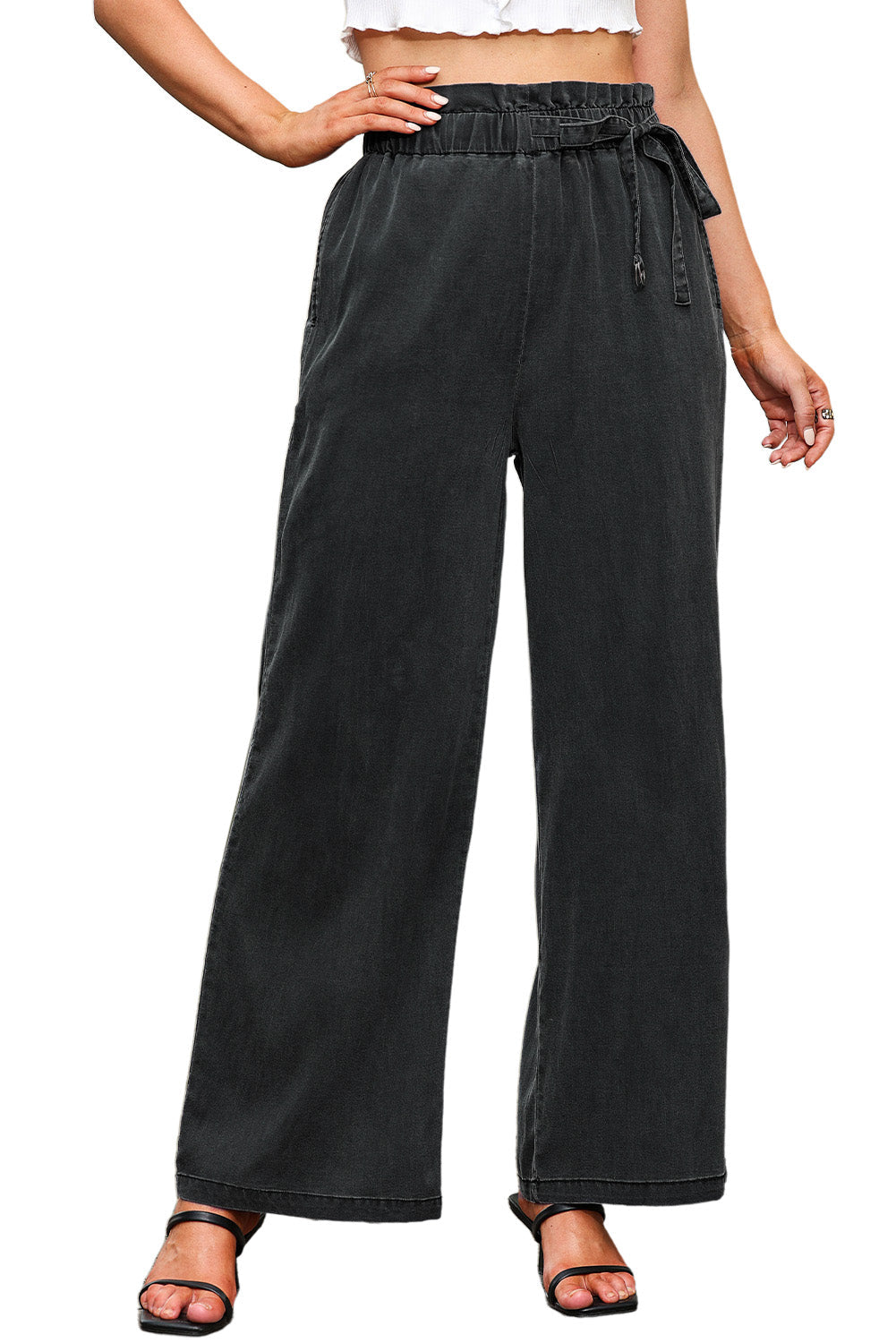 Black High Waist Pocketed Wide Leg Tencel Jeans Beagle Boutique Fashion Outlet
