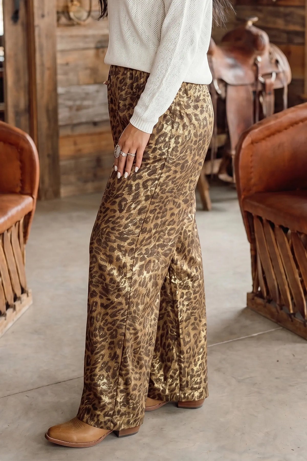 Leopard Print Western Style Wide Leg Full Length Pants – Multicolour