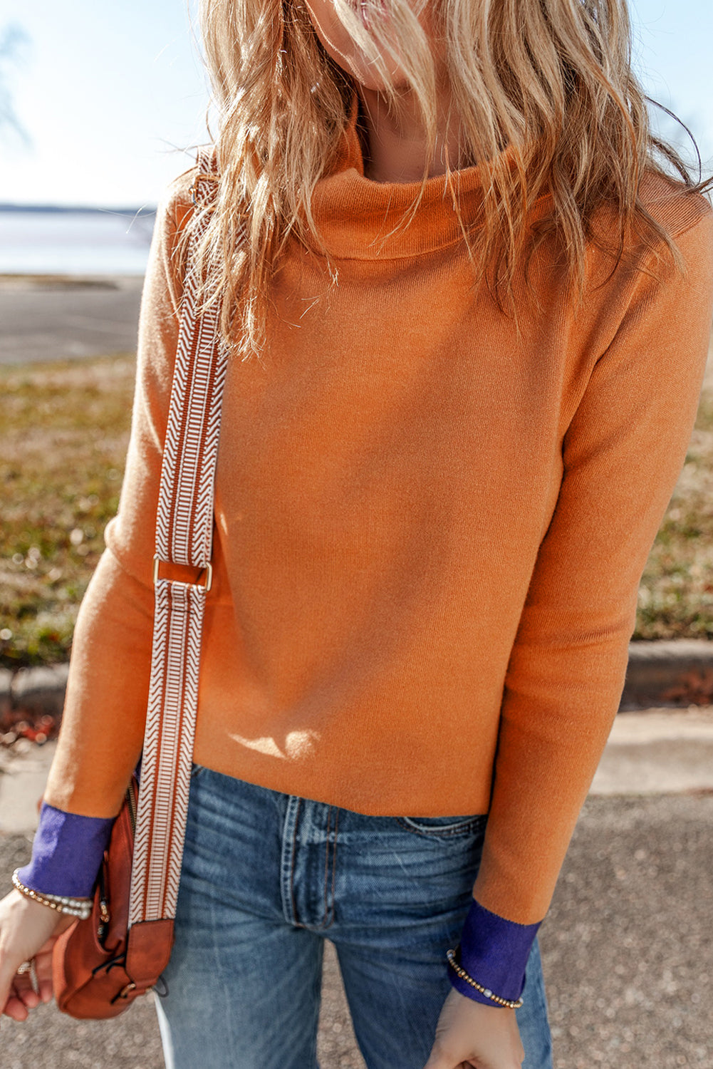 Straw Yellow Colour Contrast Edge Mock Neck Slim Fit Sweater eAura