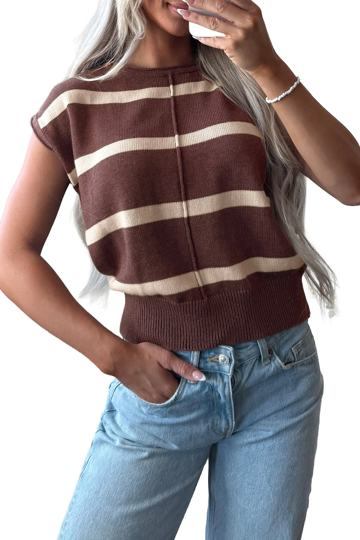 Knit Western Short Sleeve Sweater – Brown Stripe