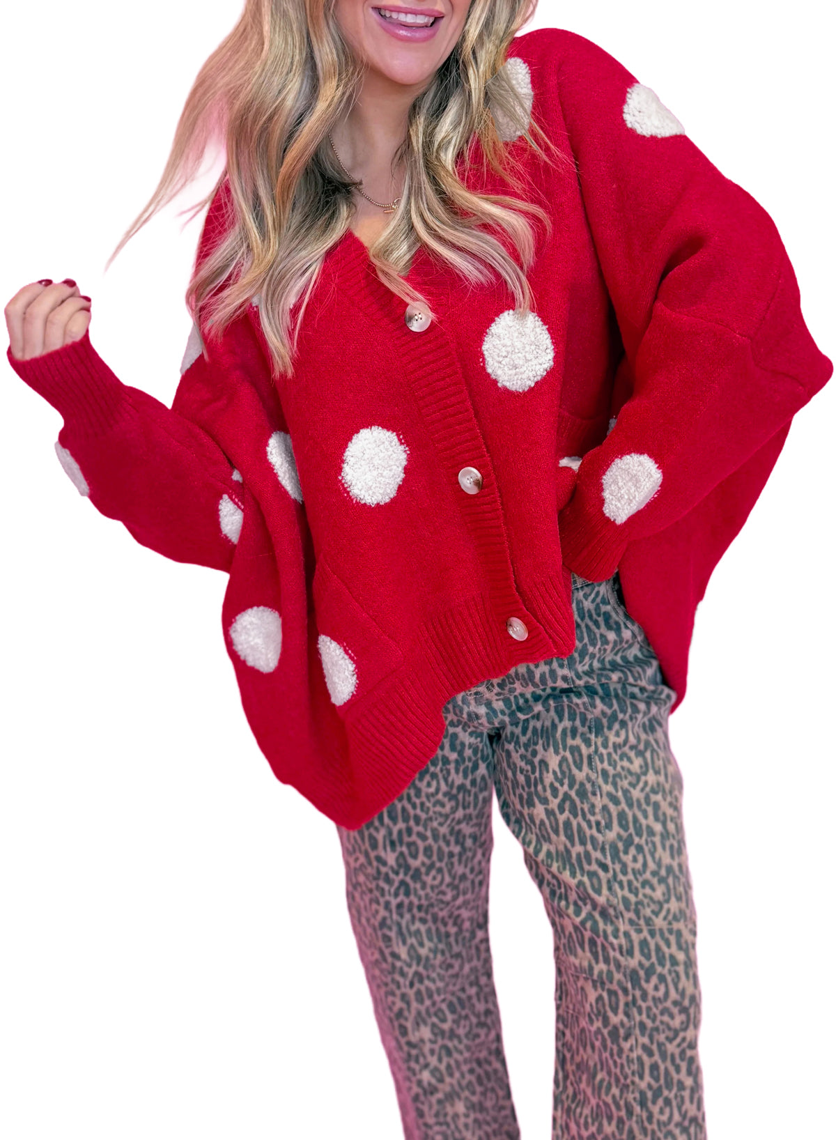 Polka Dot Button Front Oversized V Neck Cardigan – Beige