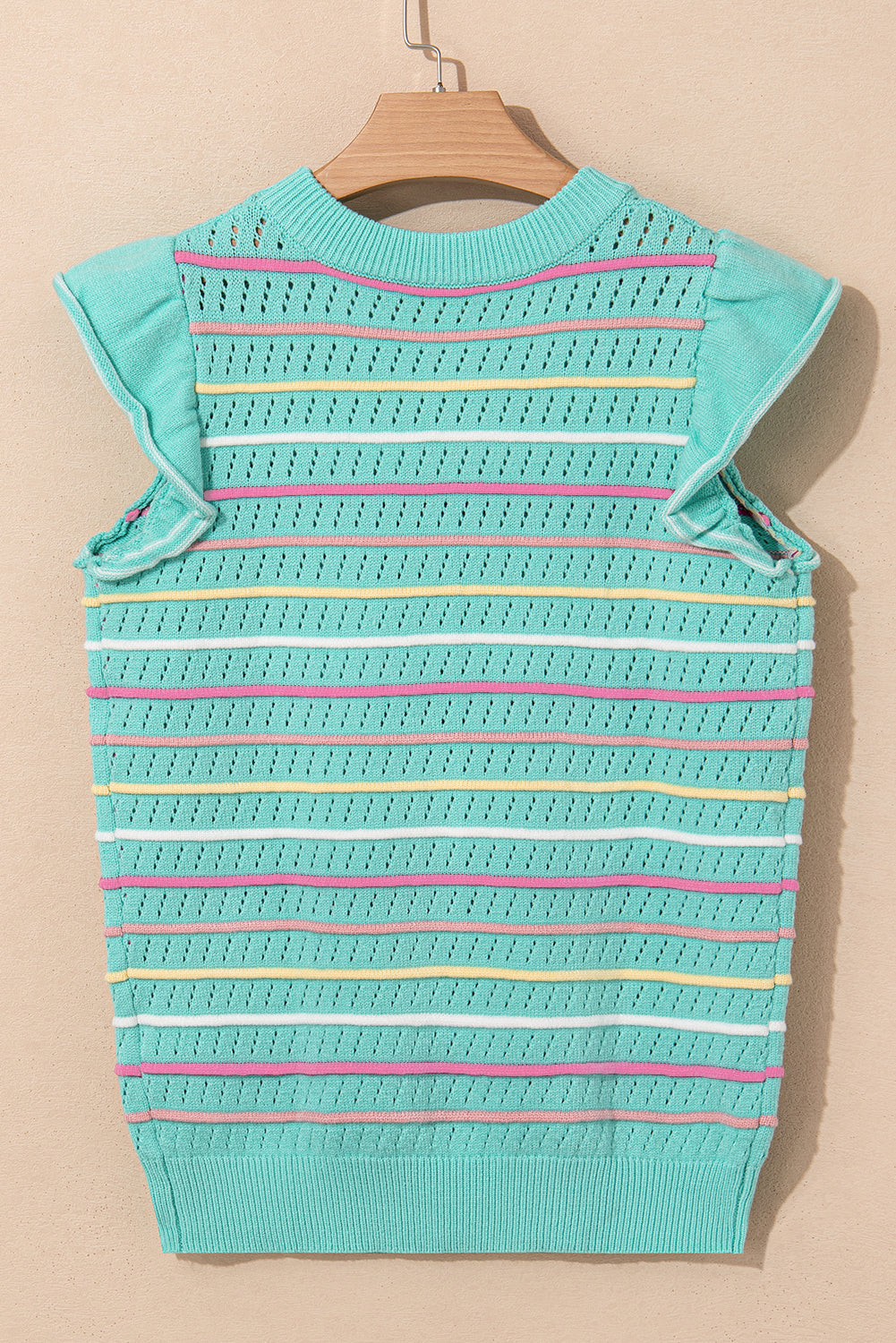 Green Colourful Striped Eyelet Knit Ruffled Sleeve Sweater T Shirt eAura