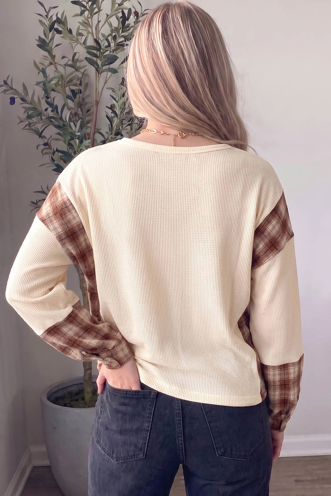 Waffle Textured V Neck Plaid Colourblock Drop Shoulder Long Sleeve Top – Beige