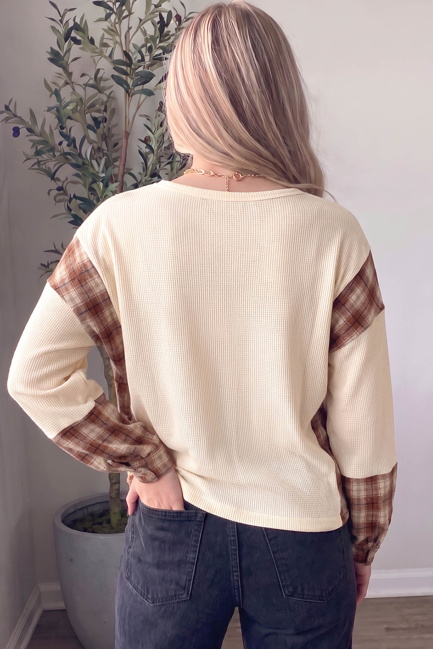 Waffle Textured V Neck Plaid Colorblock Drop Shoulder Long Sleeve Top – Beige
