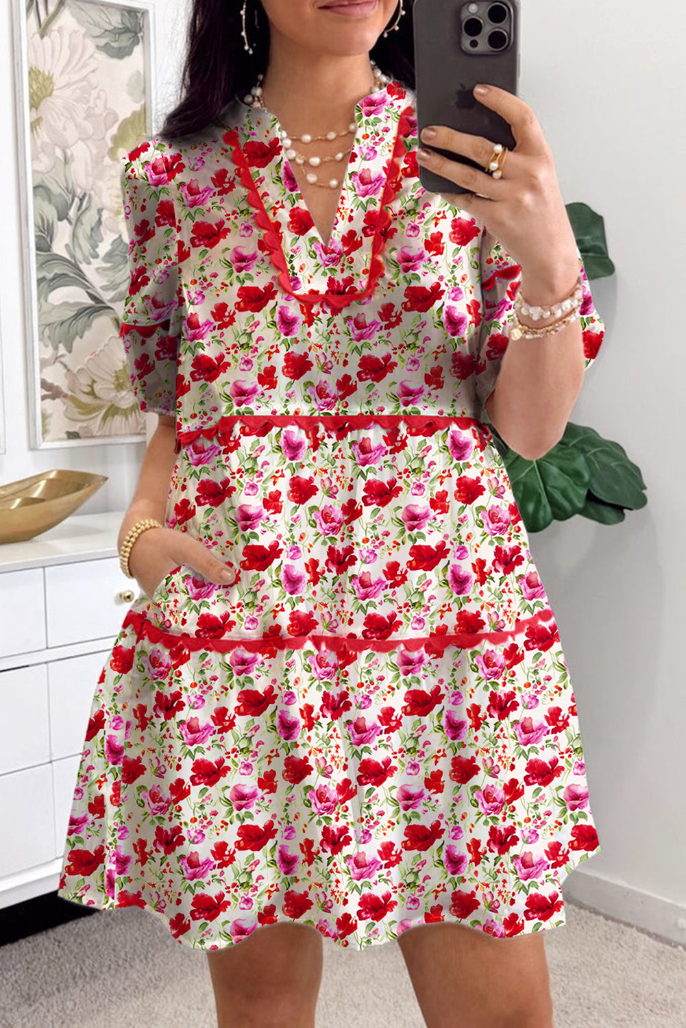 Puff Sleeve Tiered Ric Rac Pocketed Mini Dress eAura