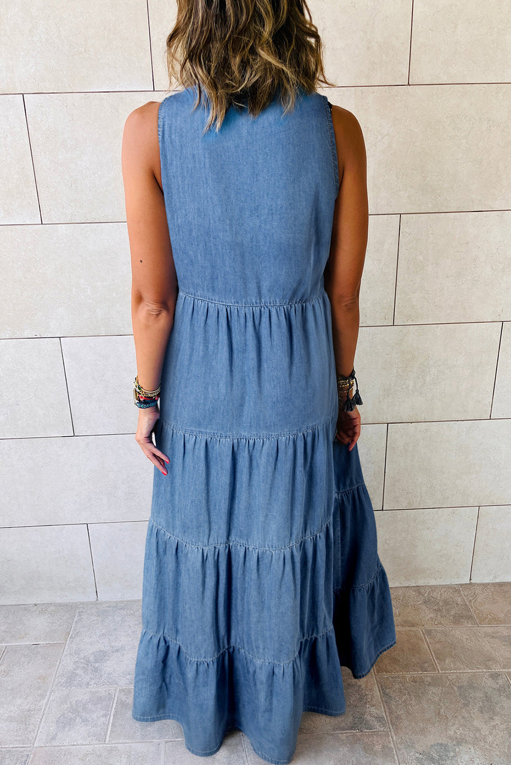 Real Teal Sleeveless Tiered Chambray Maxi Dress BB Fashion Outlet