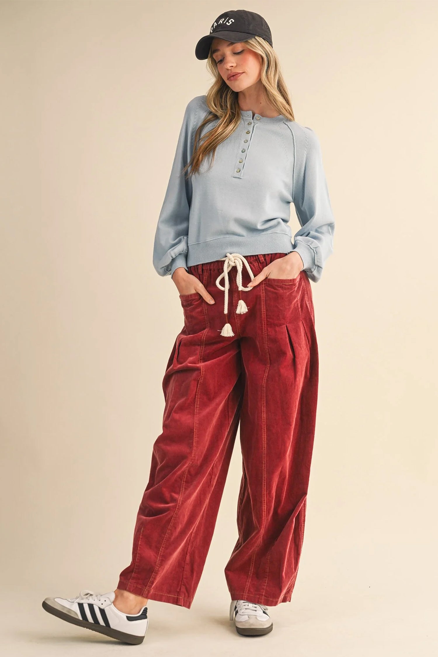 Elastic Waist Drawstring Corduroy Casual Pants – Racing Red