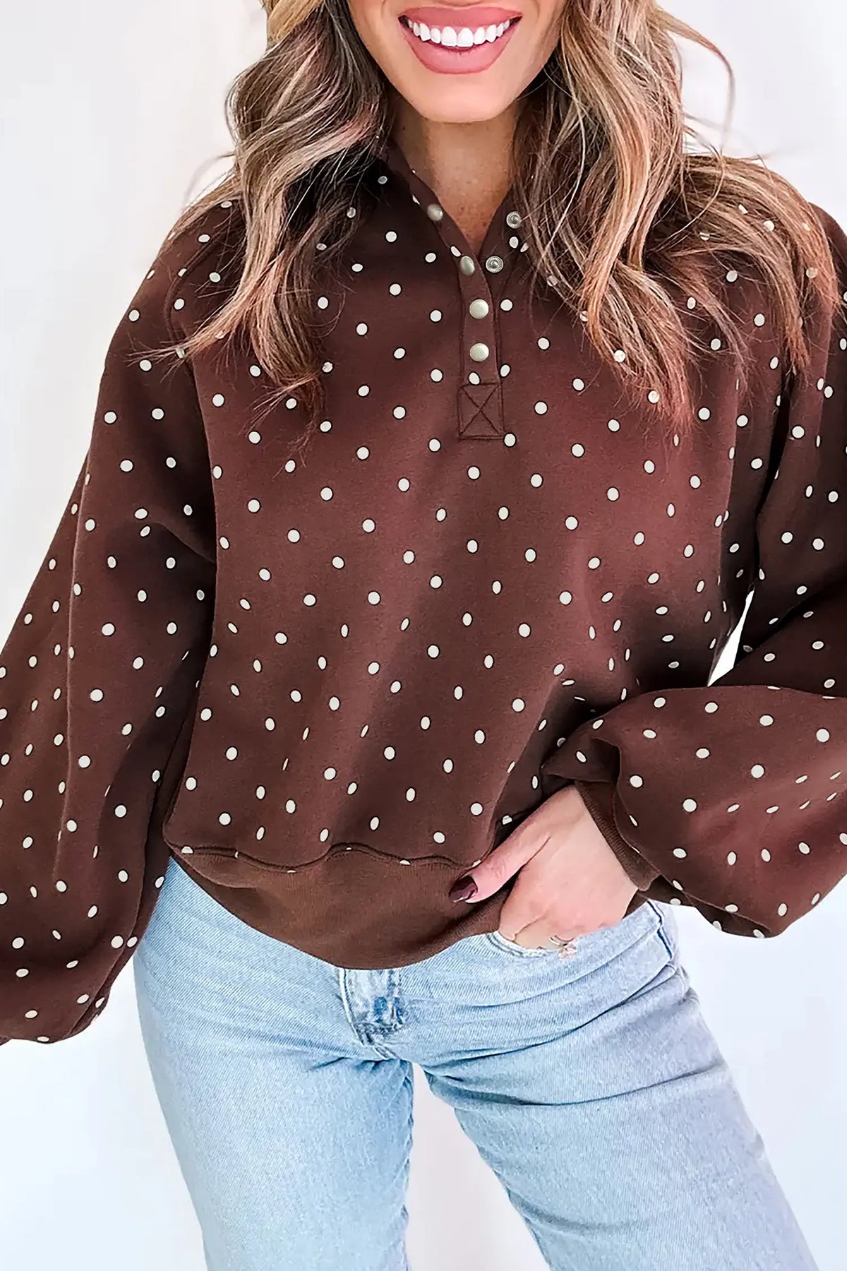 Polka Dot Print Metal Button Collar Casual Pullover Sweatshirt – Pink