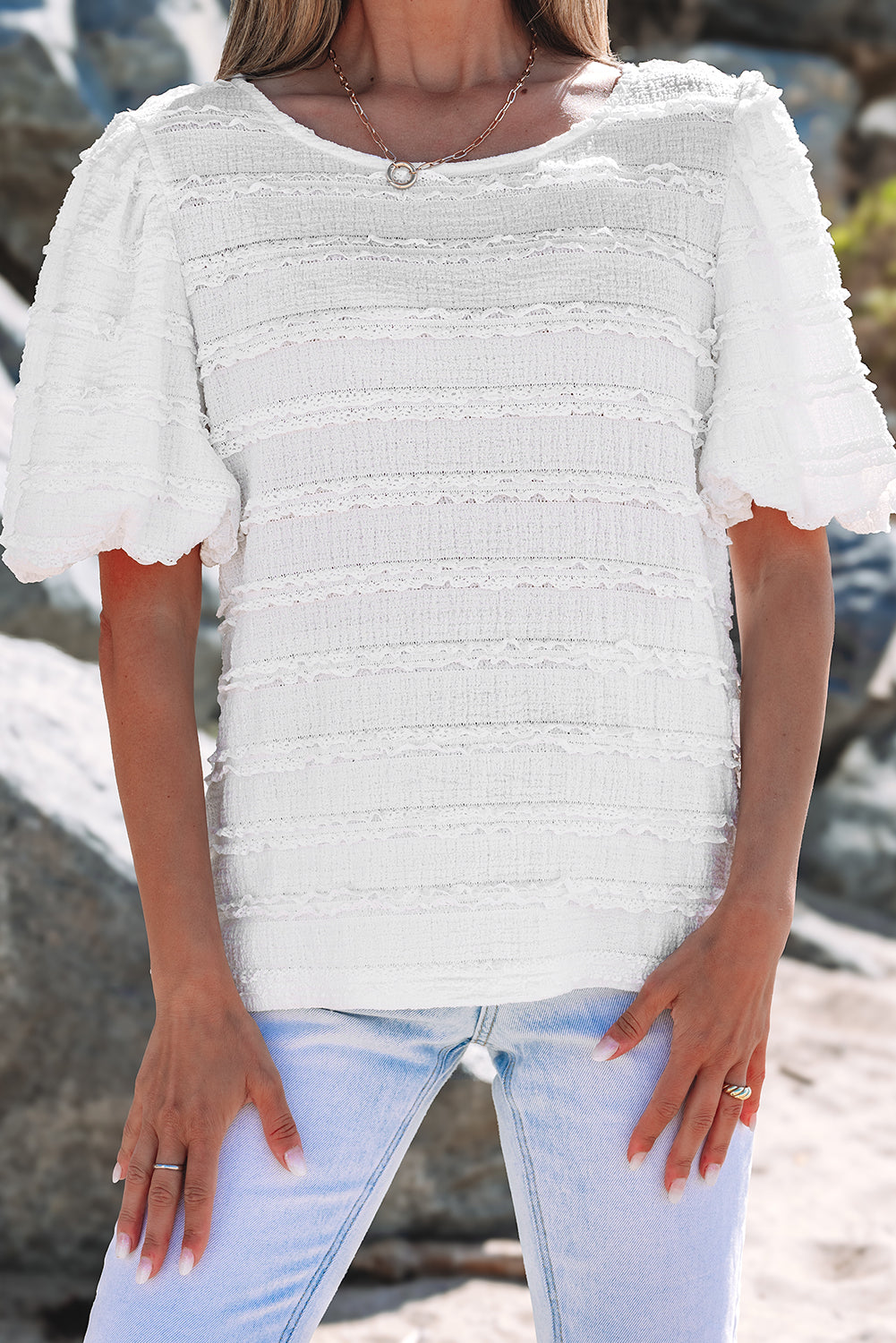 White Frilled Lace Trim Bubble Sleeve Blouse eAura