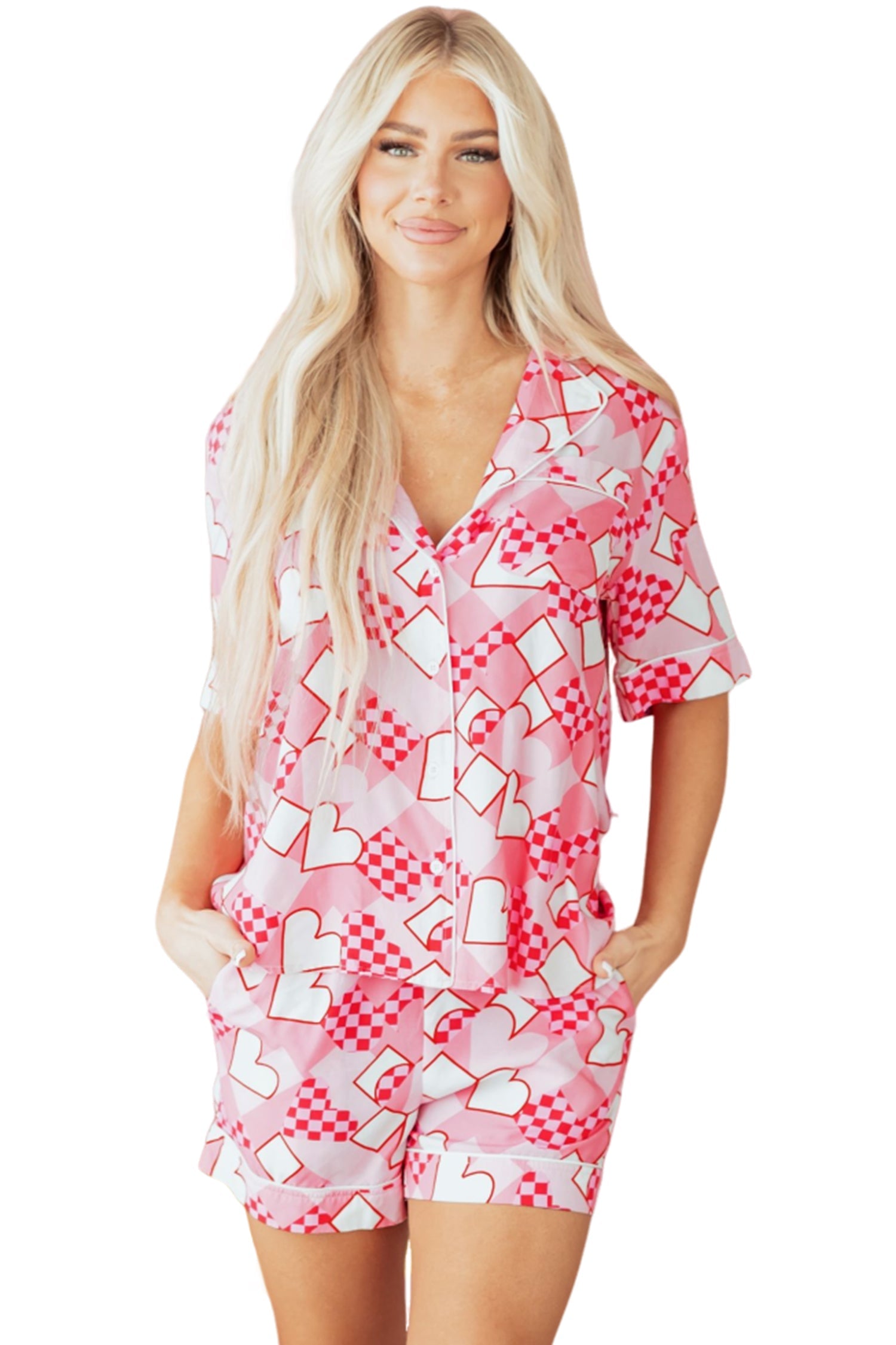 Heart Print Shirt Style Short Pyjama Set - eAura