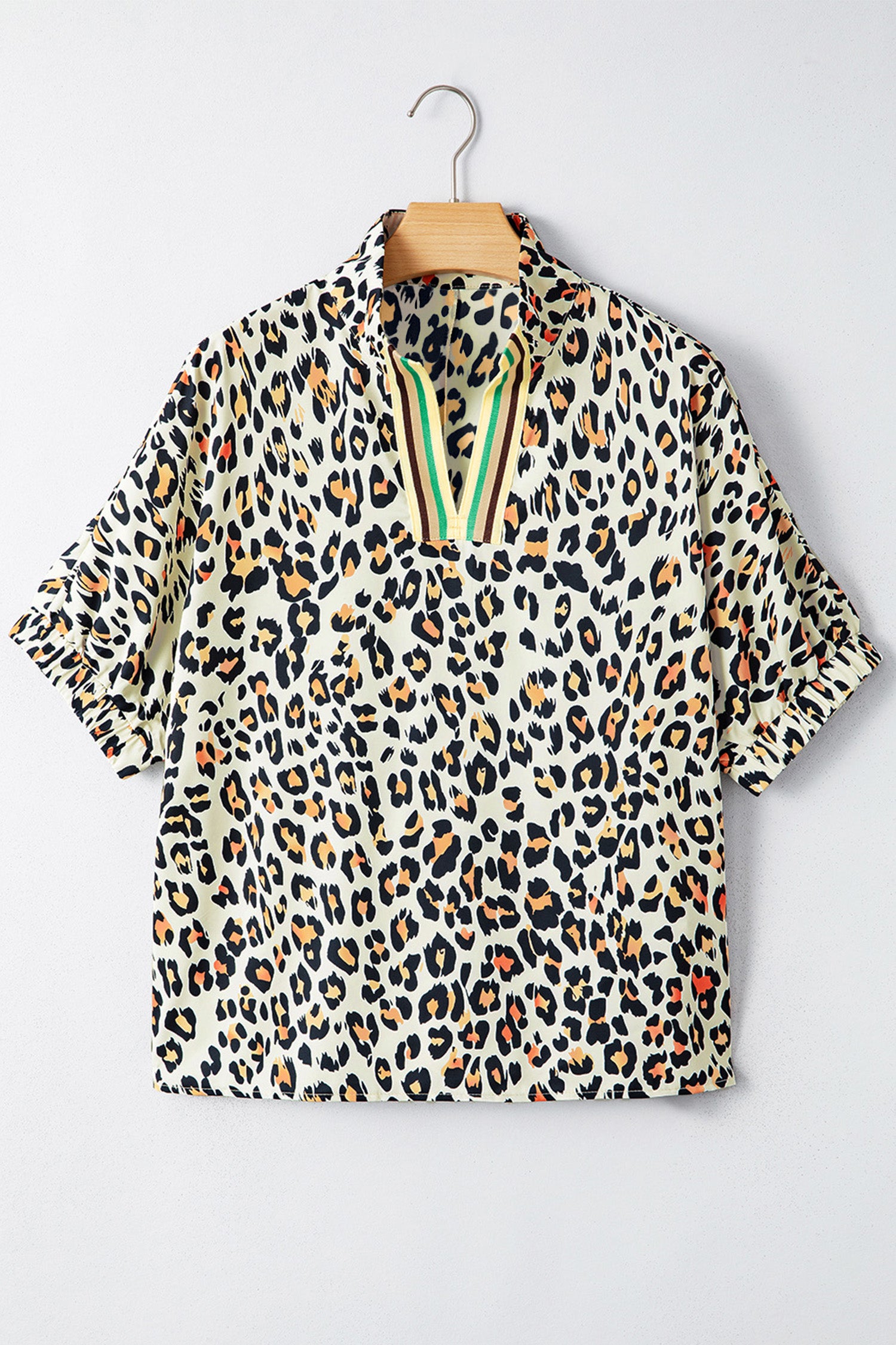 Leopard Contrast Striped V-Neck Loose Fit Blouse