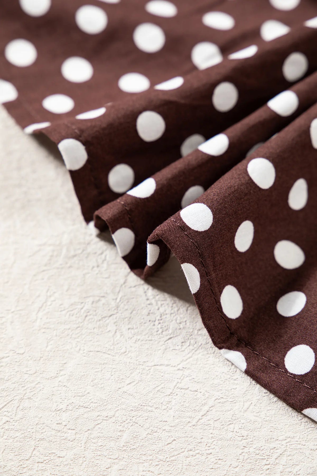 Polka Dot Ruffled High Neck Shirred Ruffle Hem Blouse – Brown