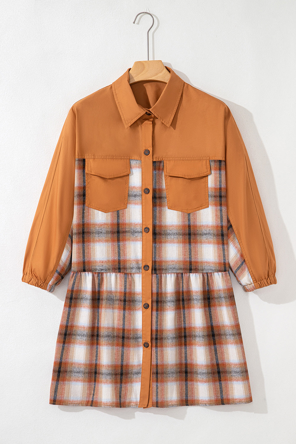 Plaid Colour Block Patchwork Ruffle Hem Tunic Shirt Dress - Dresses/Mini Dresses