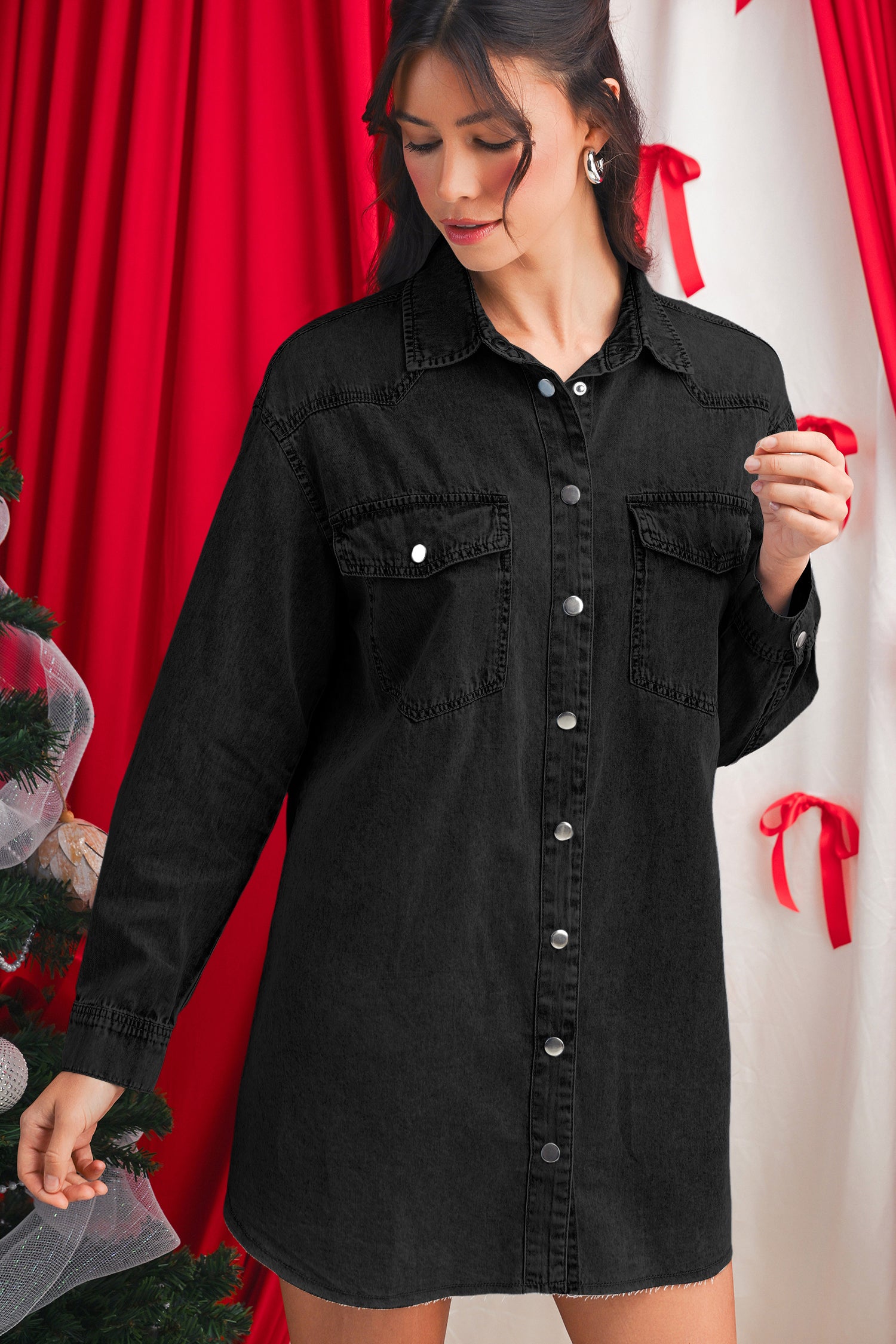 Chest Pocket Raw Hem Denim Loose Shirt Dress