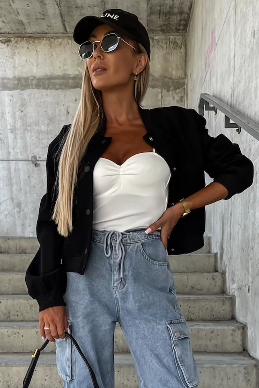 Black Big Pockets Baseball Collar Jacket Beagle Boutique Fashion Outlet