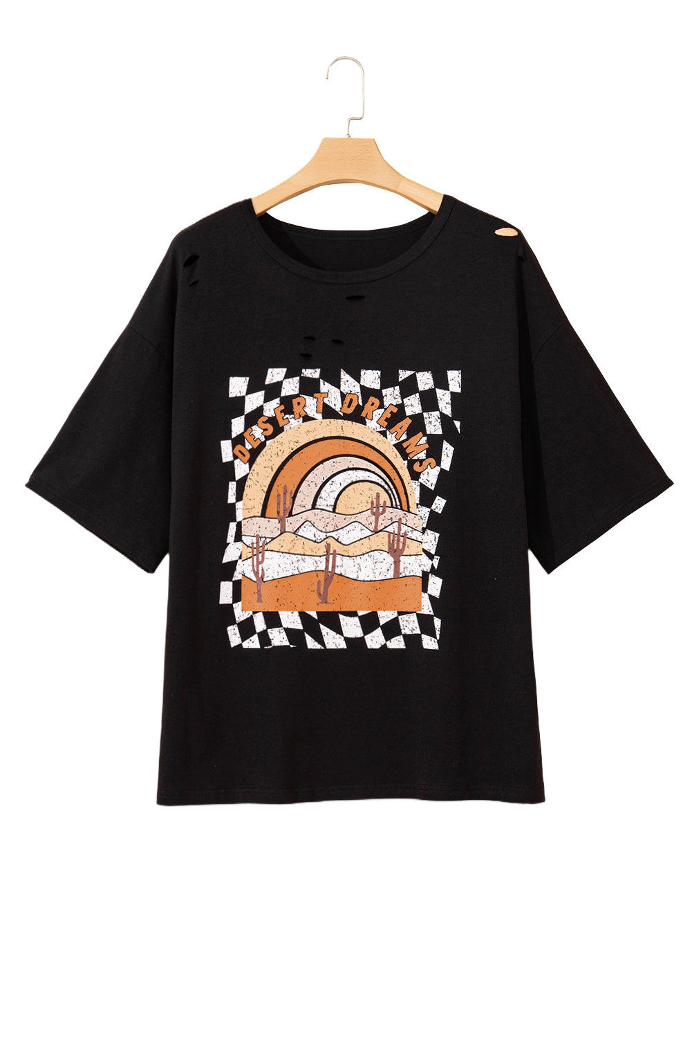 Black Checkerd DESERT DREAMS Printed Ripped Plus Size Tee BB Fashion Outlet