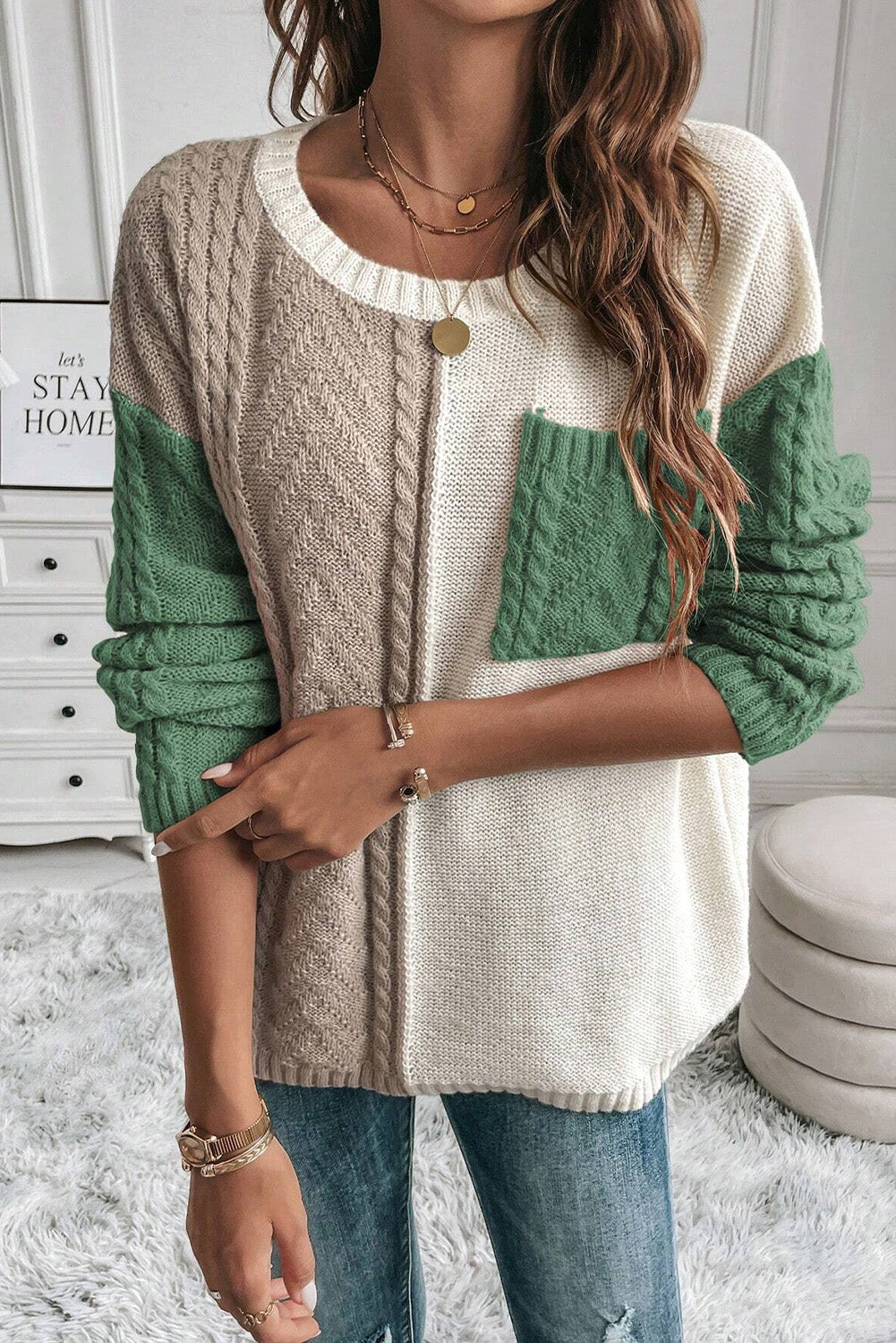 Rose Tan Colourblock Patched Pocket Drop Shoulder Sweater eAura