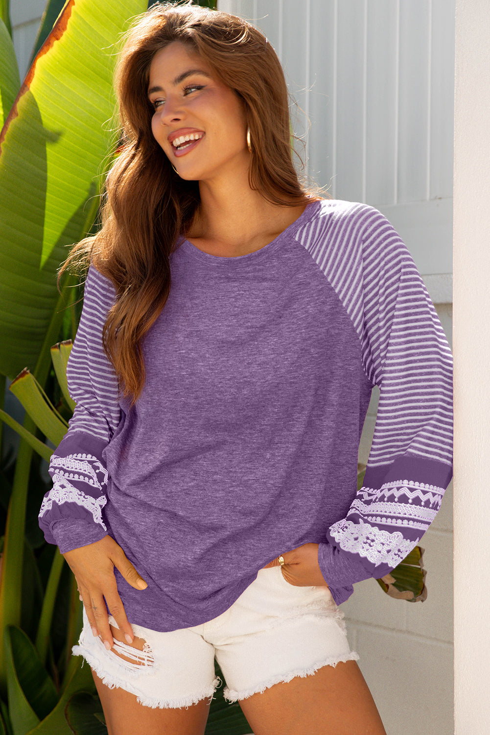 Contrast Print Striped Raglan Long Sleeve Loose Top - eAura