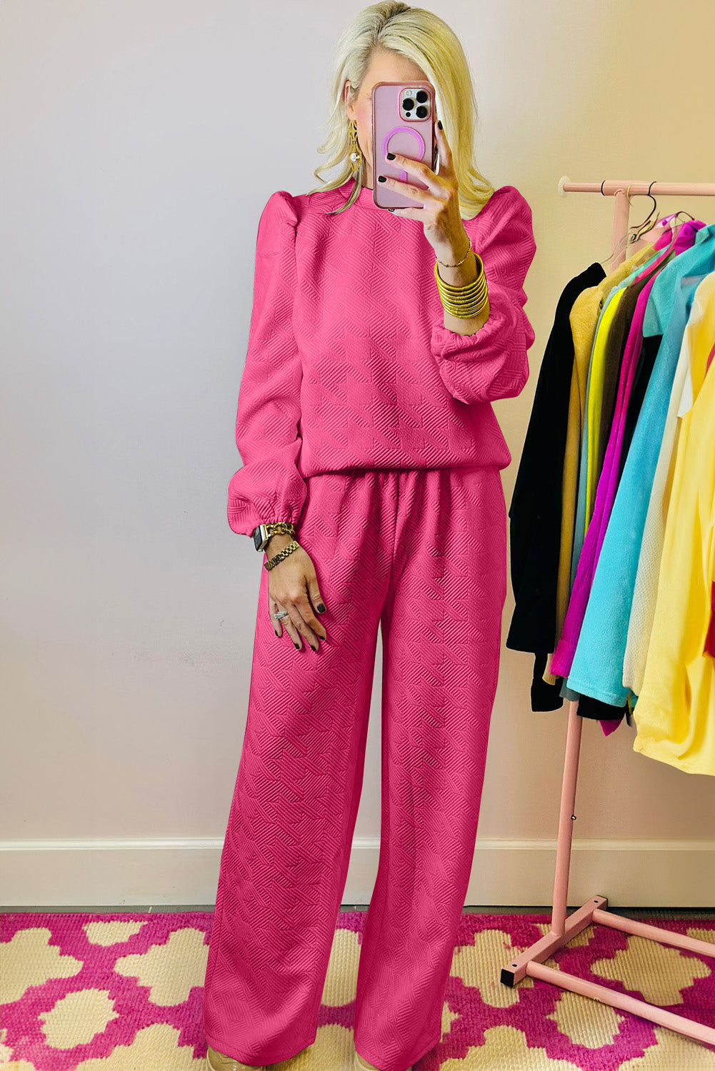 Black Textured Puff Sleeve Top and Trousers Set eAura