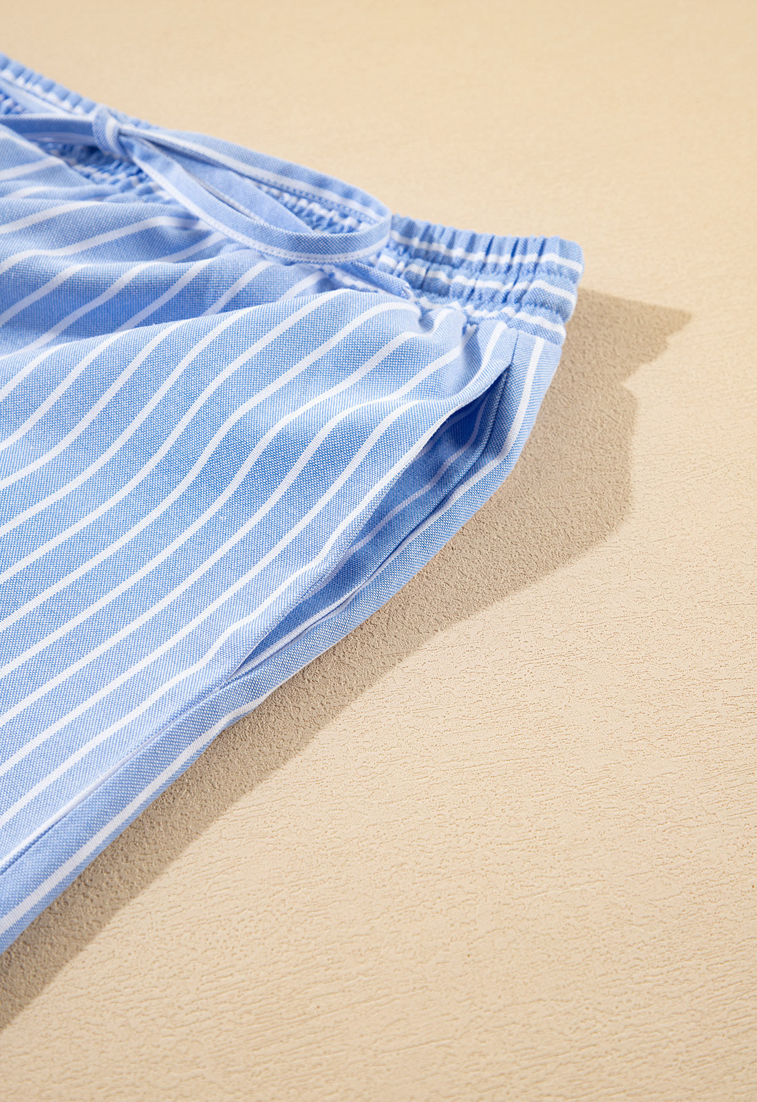Sky Blue Striped Bowknot Detail Puffy Sleeve Top and Shorts 2Pcs Set eAura