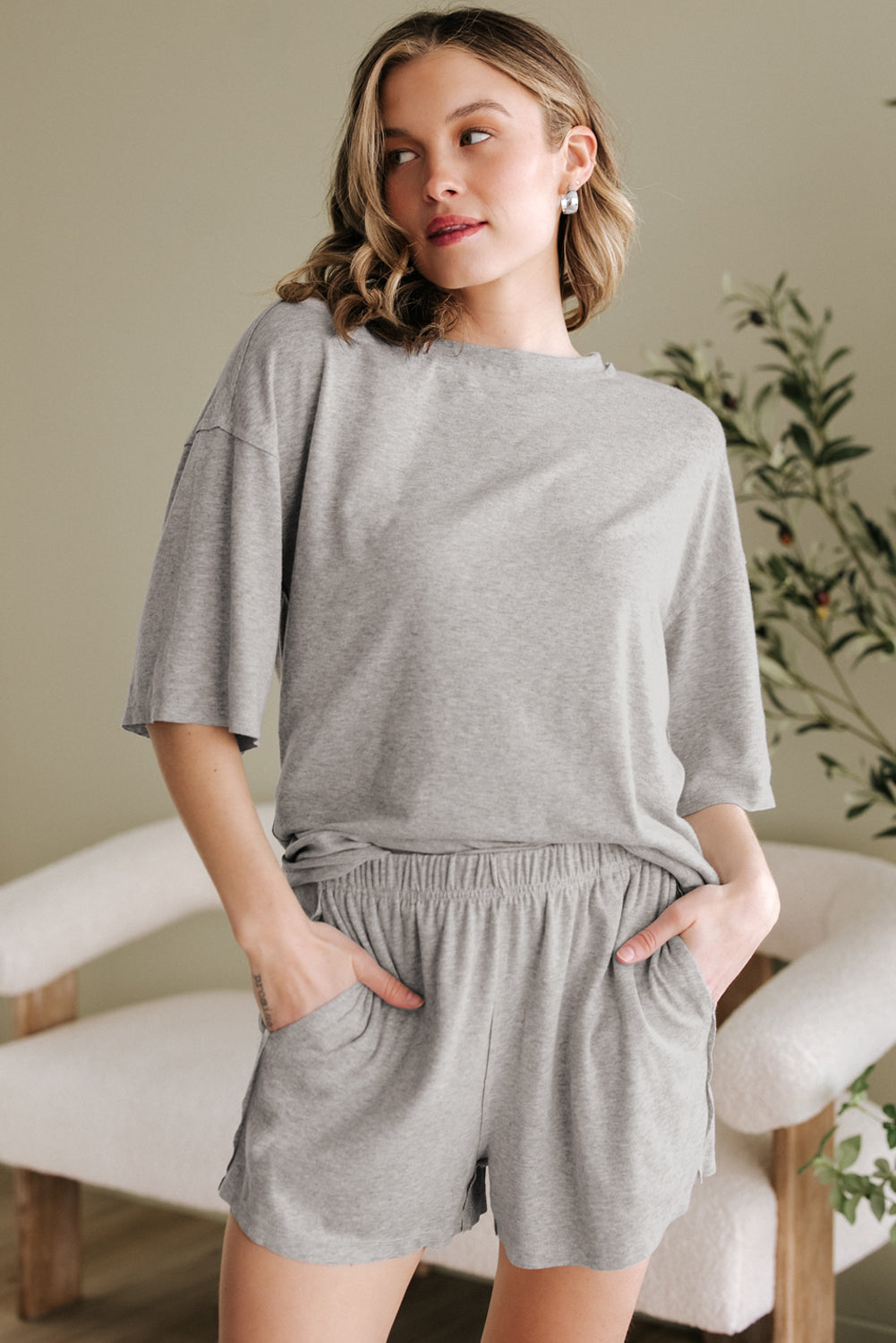 Grey Solid Colour Loose Tee 2 Piece Shorts Set eAura