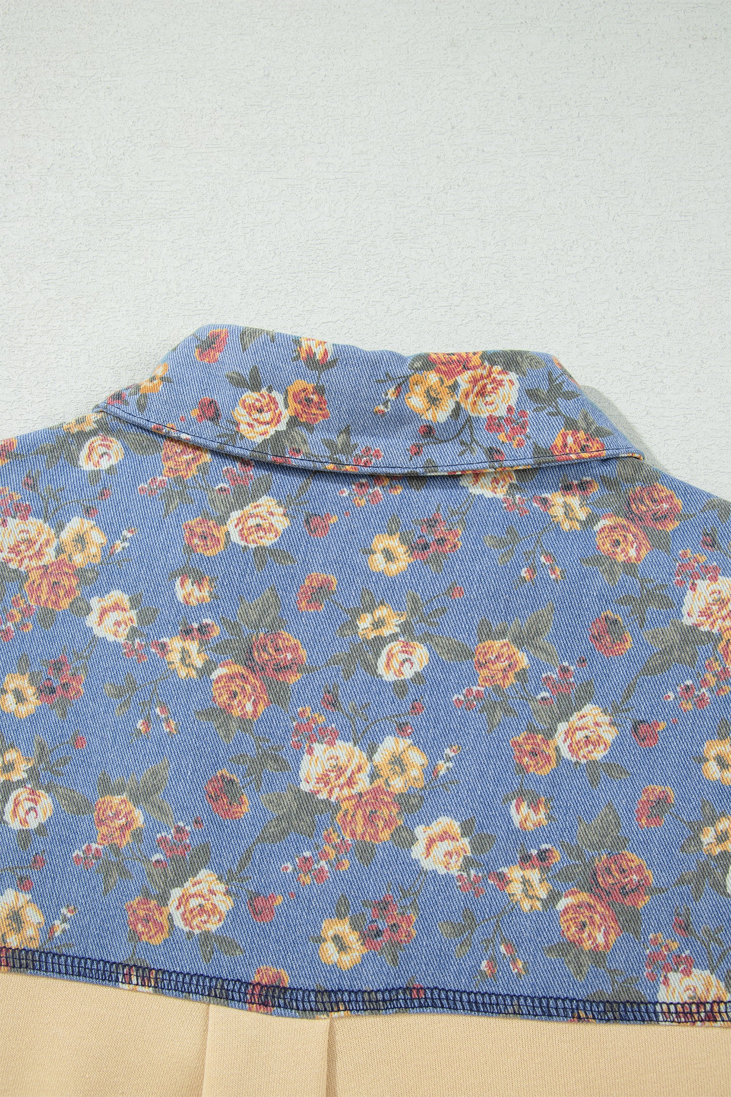 Floral Denim Patchwork Collar V Neck Long Sleeve Pullover Top – Apricot