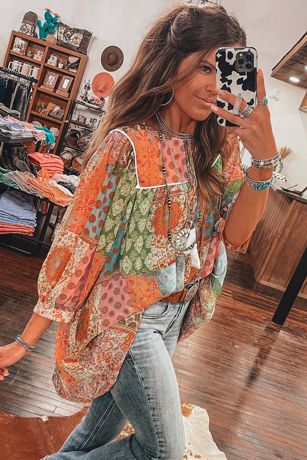 Orange Boho Paisley Mixed Print 3/4 Sleeve Chiffon Loose Dress eAura