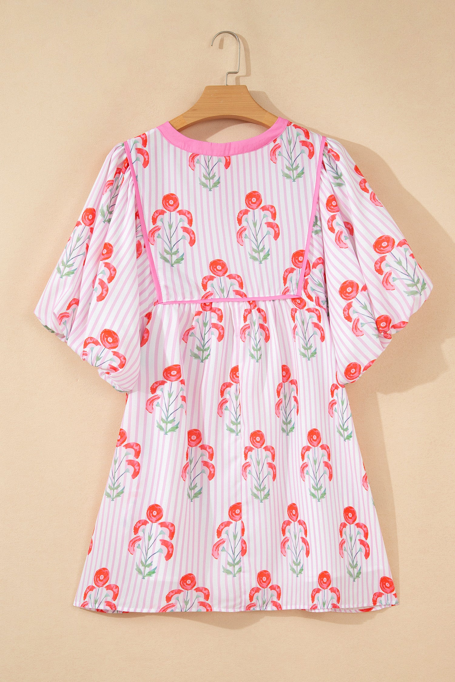 Floral Striped Tie Neck Puff Sleeve Mini Dress – Light Blue & Pink