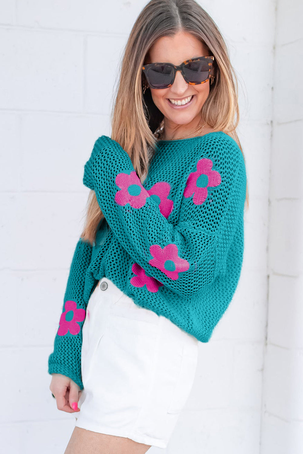 Light Pink Big Flower Hollowed Knit Drop Shoulder Sweater eAura