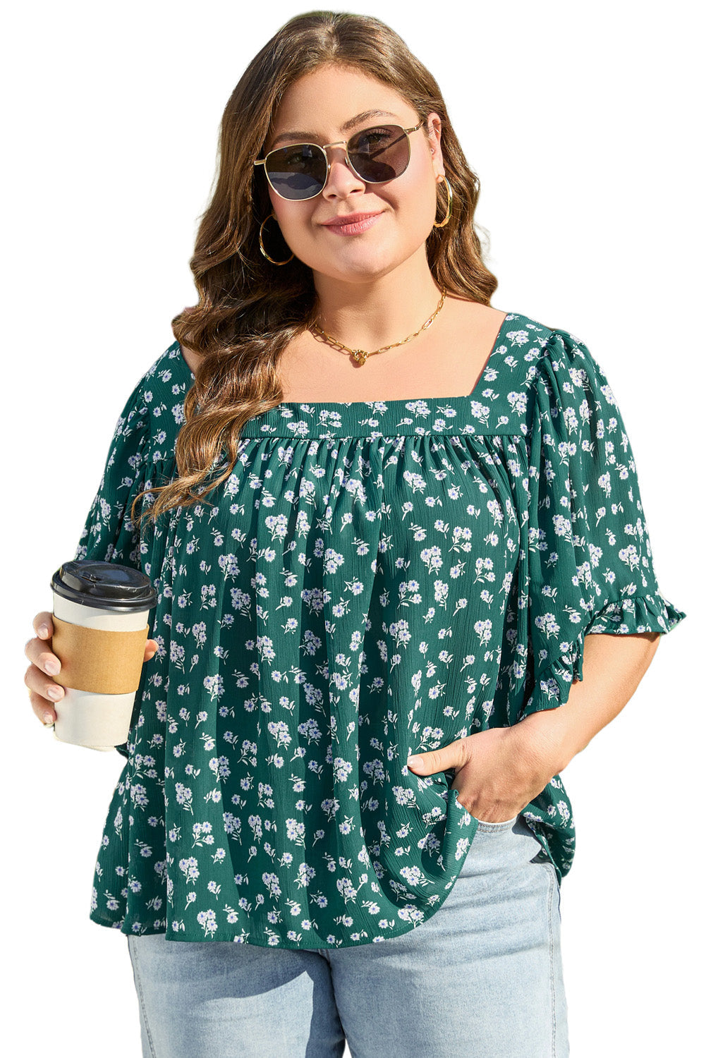 Green Floral Print Square Neck Ruffled Trim Plus Size Blouse BB Fashion Outlet