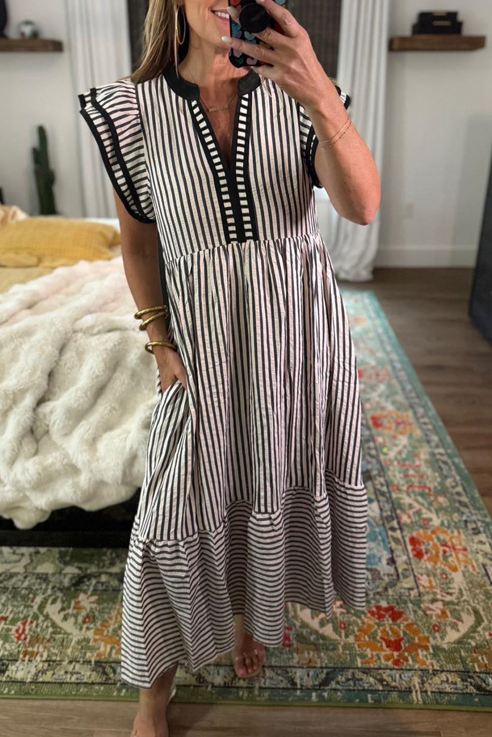 Striped Double Ruffled Short Sleeve Contrast Trim V-Neck Midi Dress