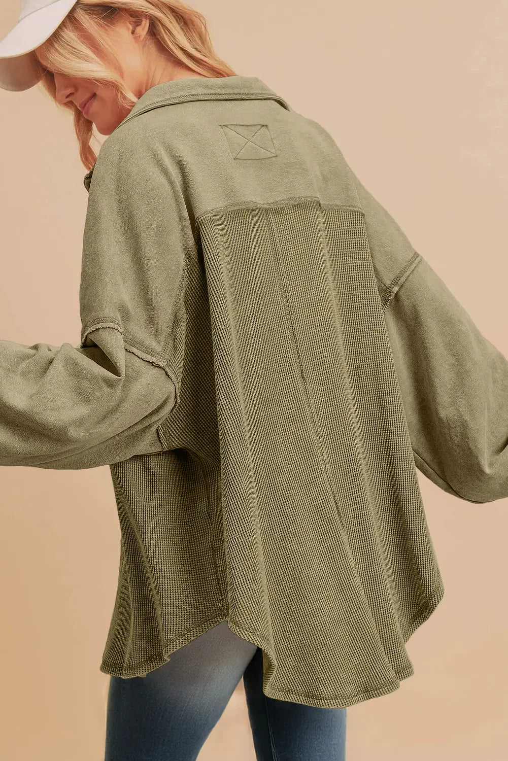 Waffle Knit Patchwork Buttoned Oversized Shacket – Moss Green