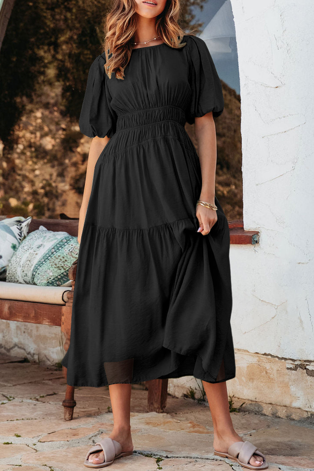 Pink Puff Sleeve Pleated High Waist Flowy Long Dress eAura