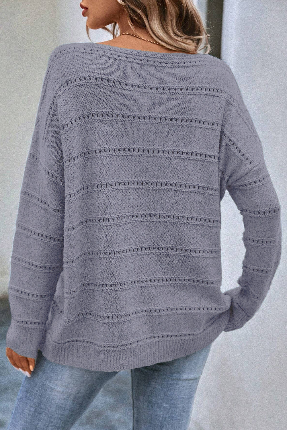 Pale Khaki Boat Neck Drop Shoulder Pointelle Knit Sweater eAura