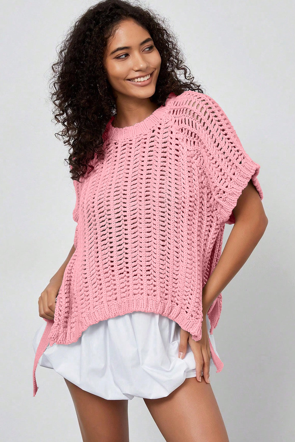 Plus Size Open Knit Bow Tie Short Sleeve Sweater - eAura