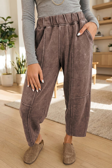 Coffee Mineral Wash Seam Detail Elastic Waist Barrel Pants – Brown