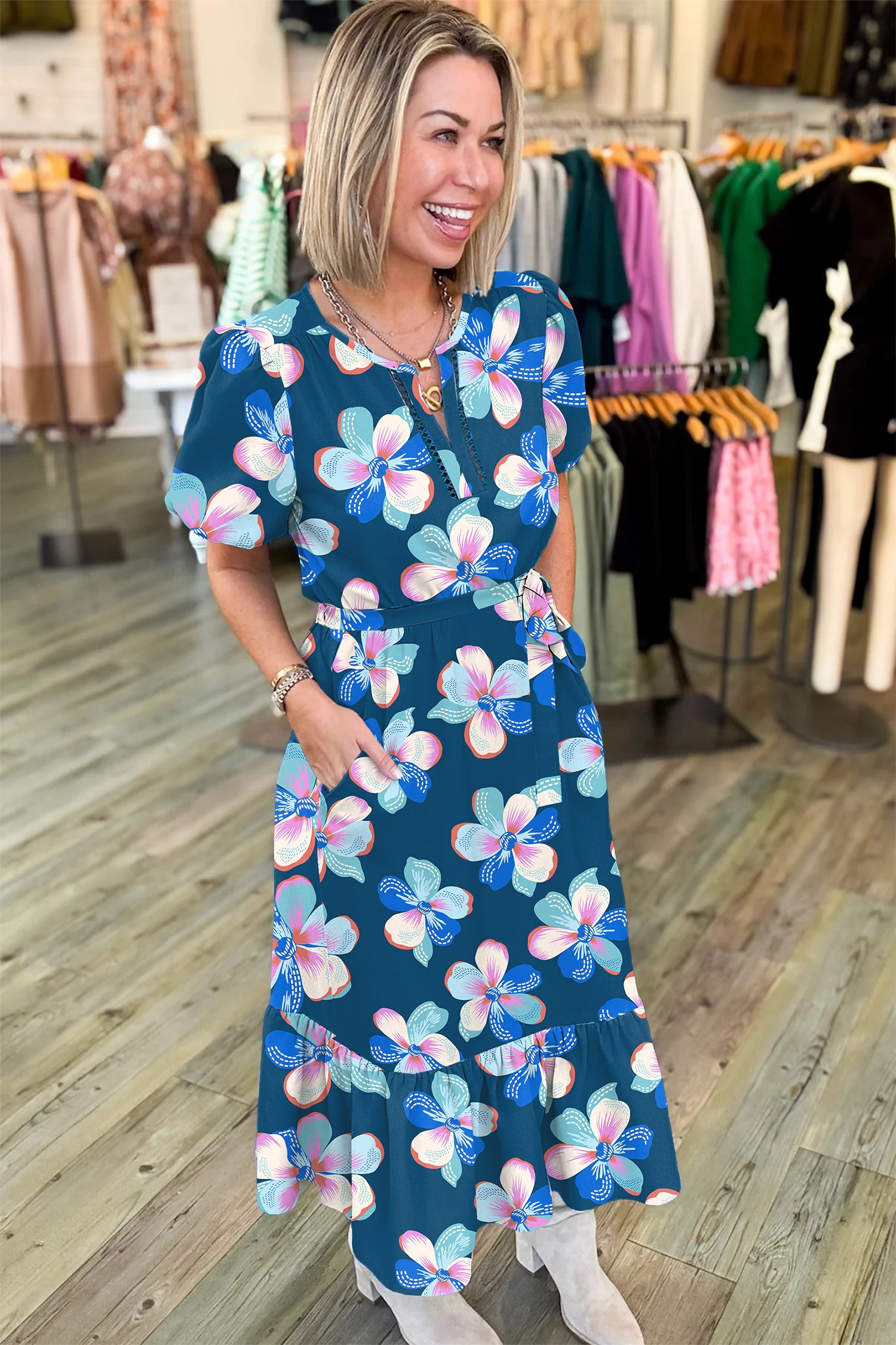Blue Floral Print Short Puff Sleeve Ruffle Hem Belted Long Dress