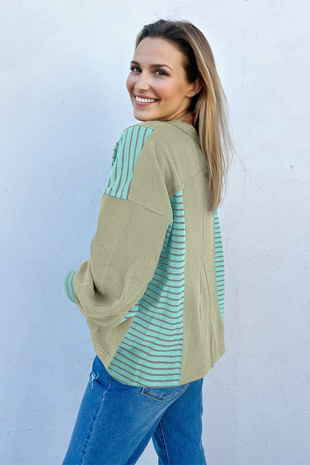 Exposed Seam Waffle Striped Patchwork Baggy Pullover - eAura