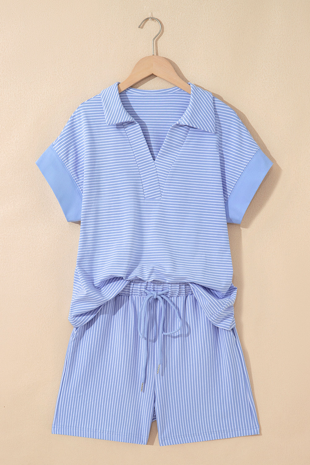 Sky Blue Stripe Dolman Sleeve Polo Shirt and Drawstring Shorts Set - S / 95% Cotton + 5% Elastane - Two Piece