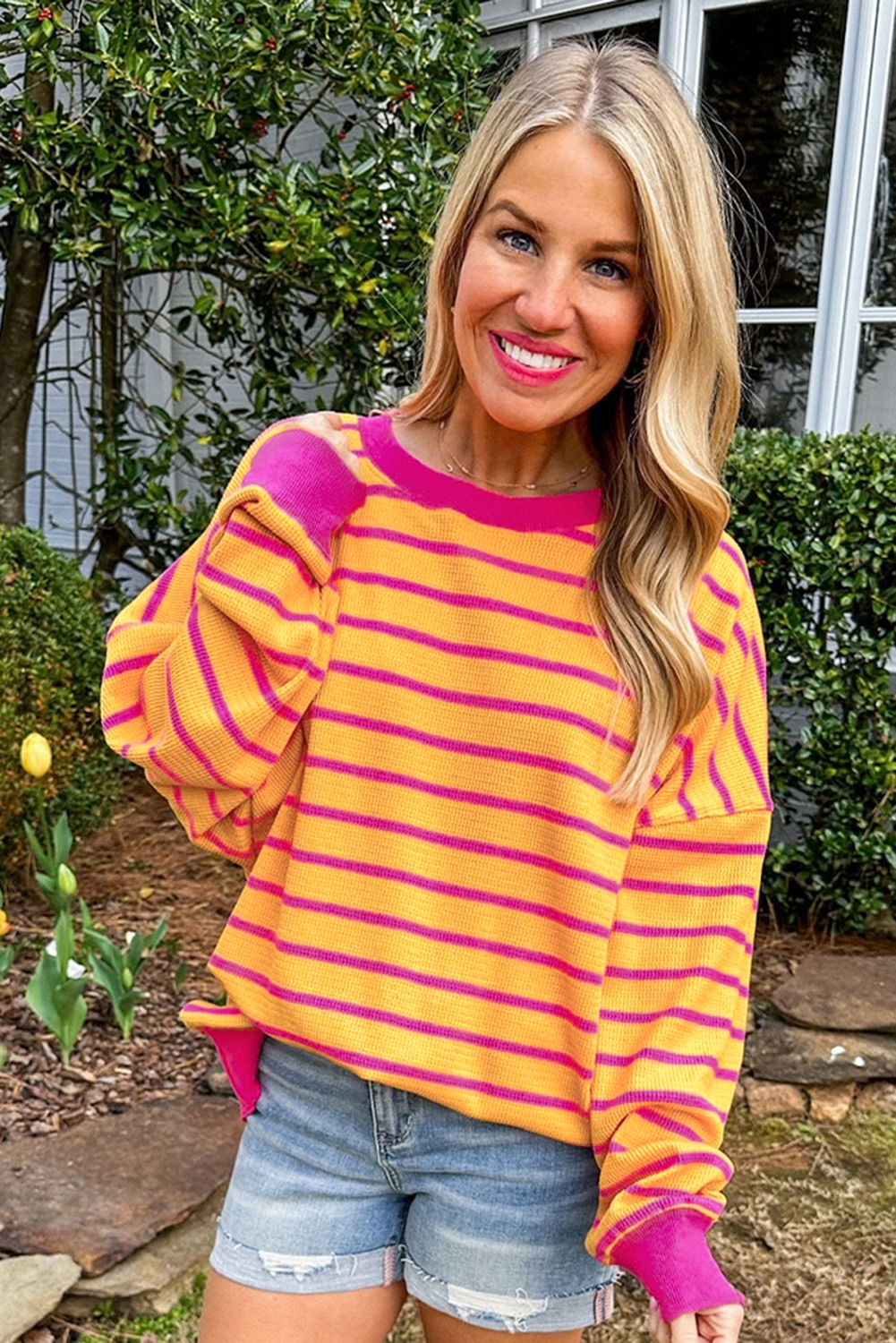 Orange Stripe Trimmed Round Neck Drop Shoulder Loose Sweater eAura